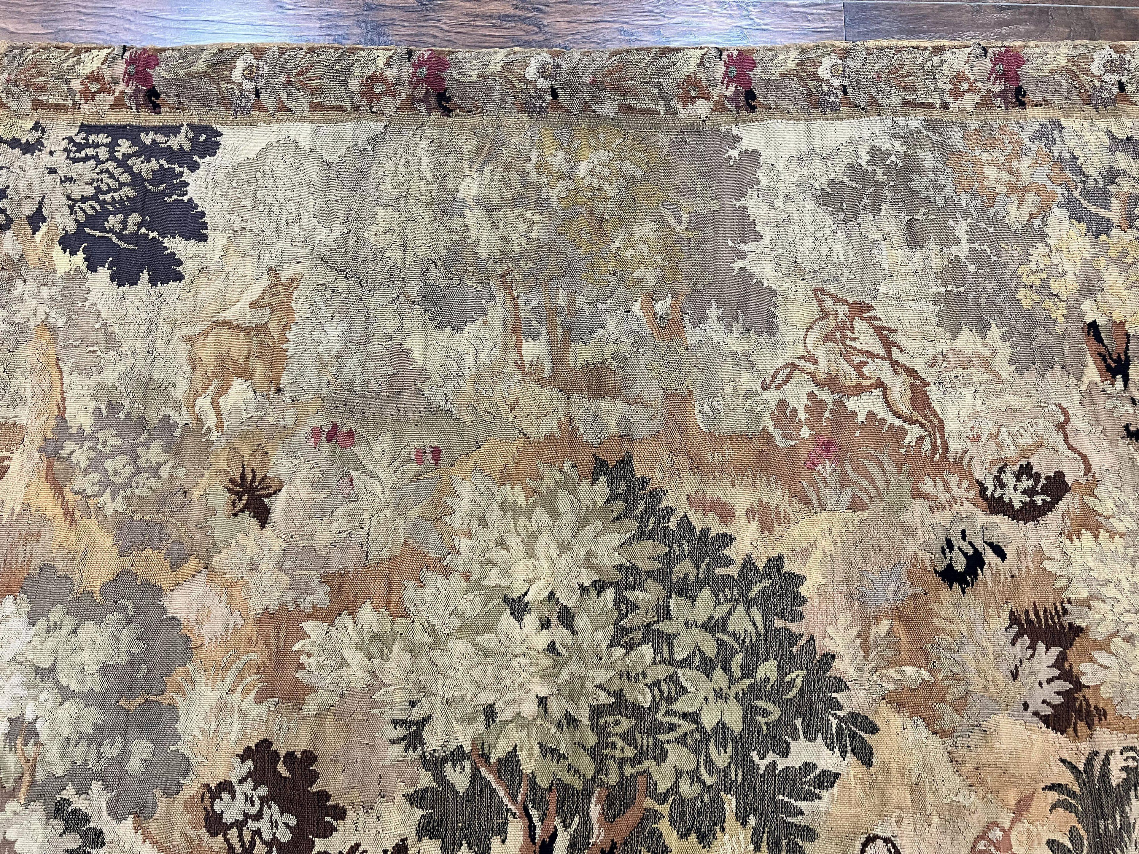 Antique French Tapestry 6x5 ft, European Handmade Wool Aubusson Weave Vintage Tapestry