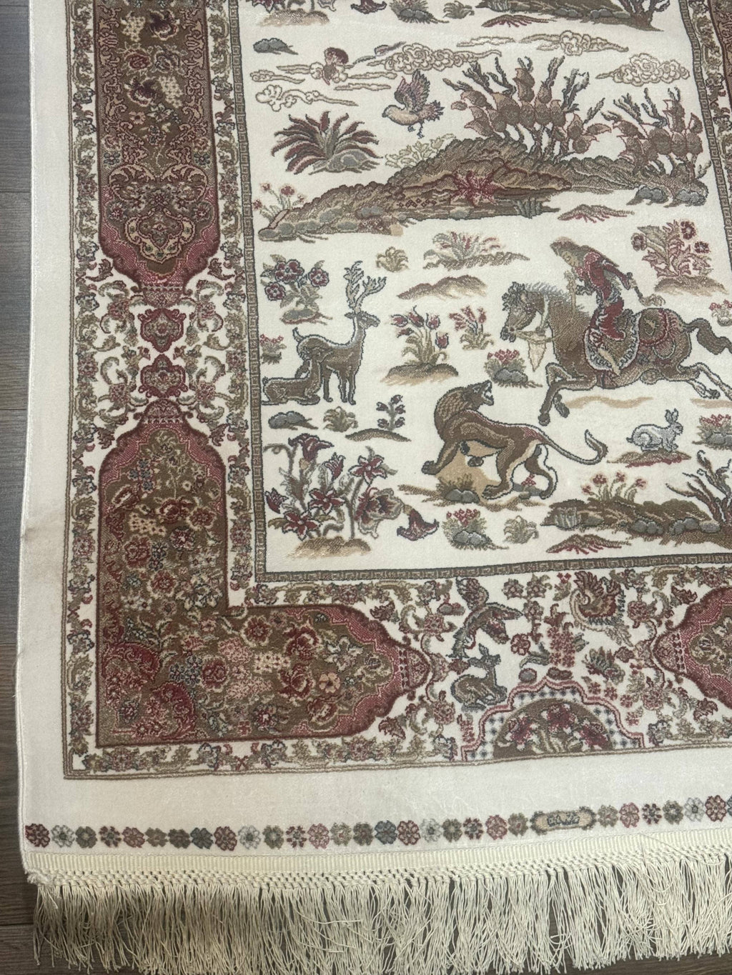 Long Turkish Silk Runner Rug 2.6 x 16.5, Hunting Design, Ivory, Bamboo Silk, New