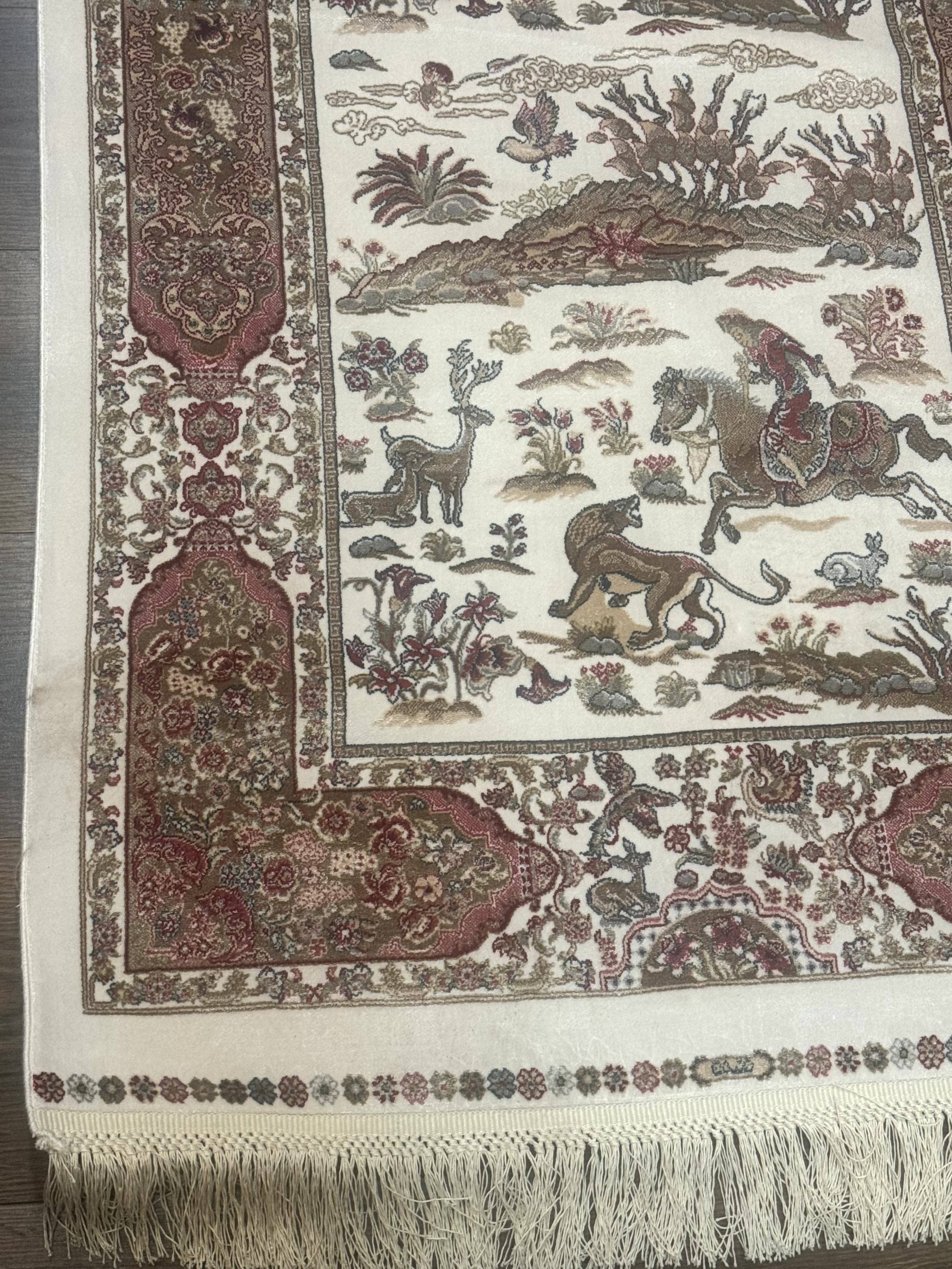 Long Turkish Silk Runner Rug 2.6 x 16.5, Hunting Design, Ivory, Bamboo Silk, New