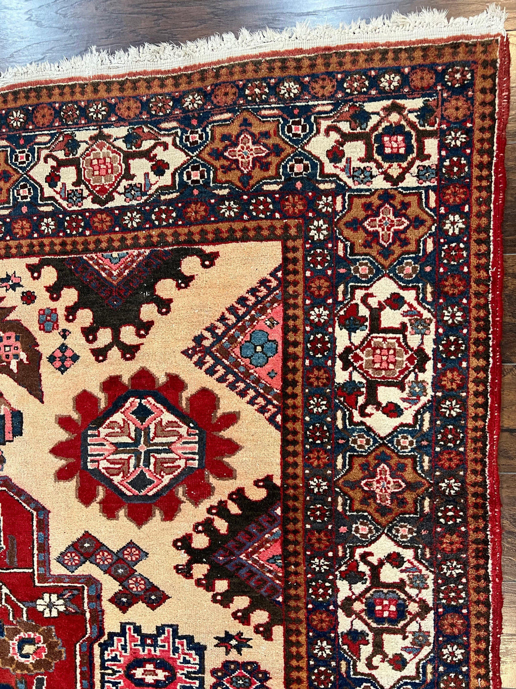 Antique Persian Heriz Rug 8x12 ft, Geometric Tribal Room Sized Carpet, Camel Hair Red Navy Blue, Wool Hand Knotted Medallion Oriental Carpet