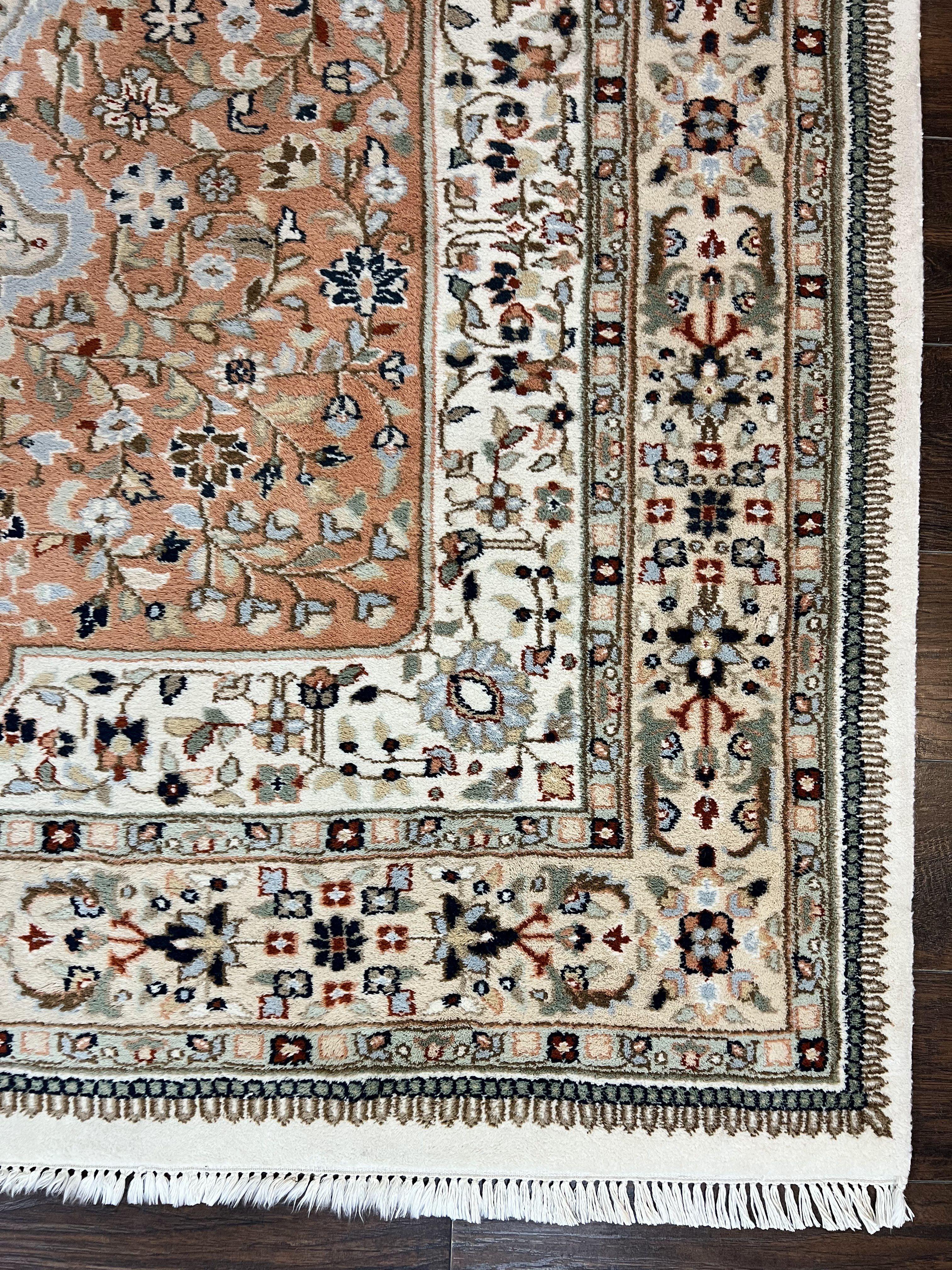 Indo Persian Rug 6x9, Wool Hand Knotted Vintage Carpet, Salmon & Ivory, Traditional Oriental Rug 6 x 9