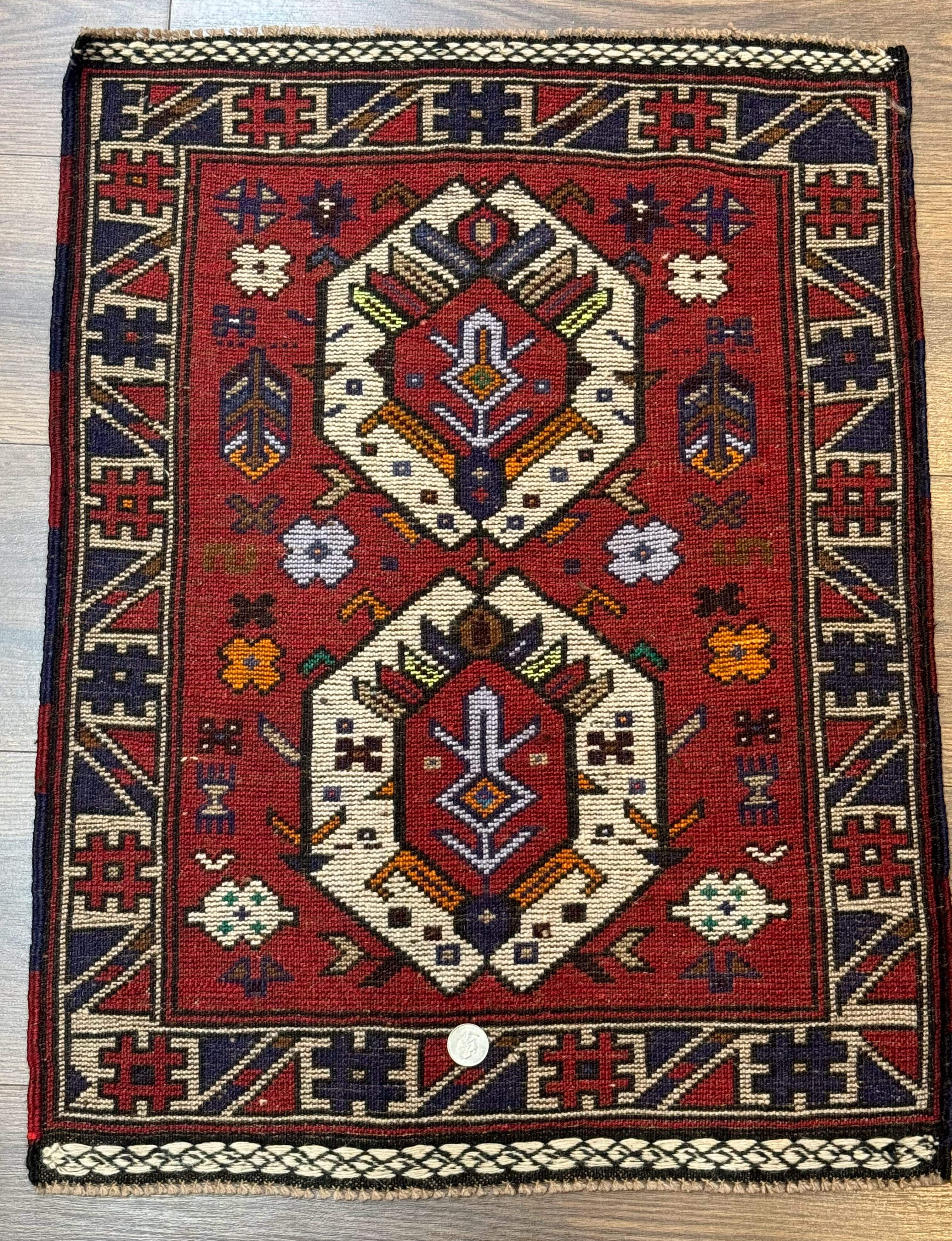 Small Persian Tribal Rug, Red and Ivory, Baluch Rug