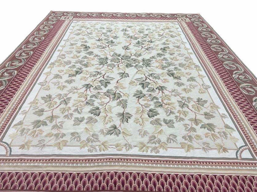Aubusson Needlepoint Rug 9x12, Flatweave Carpet, Leaves, Wool, New, Handmade