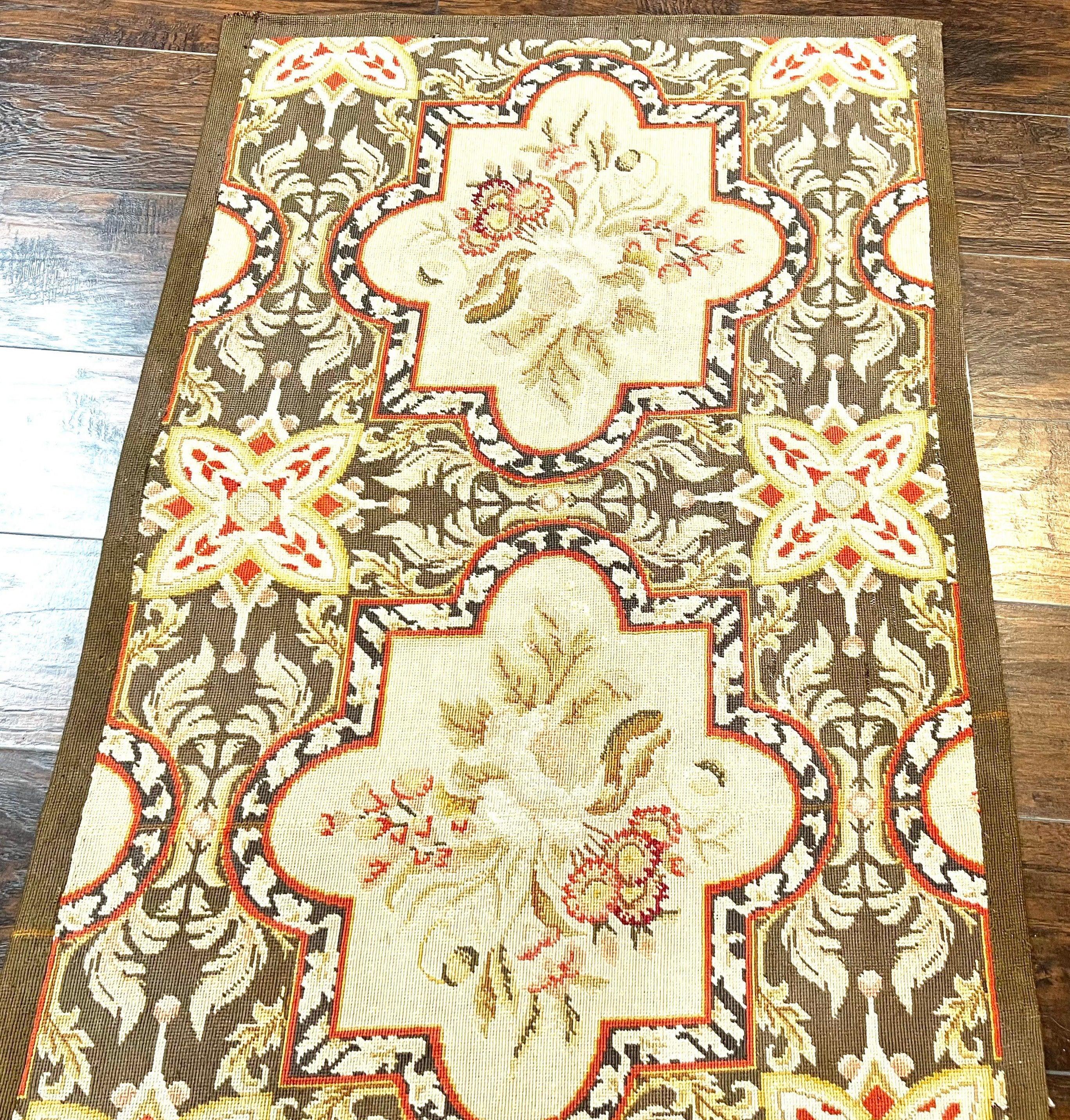 Needlepoint Runner Rug 2.8 x 9.8, Brown and Beige, Handwoven Handmade Floral French European Design, Vintage Flatweave 10ft Wool Runner Rug