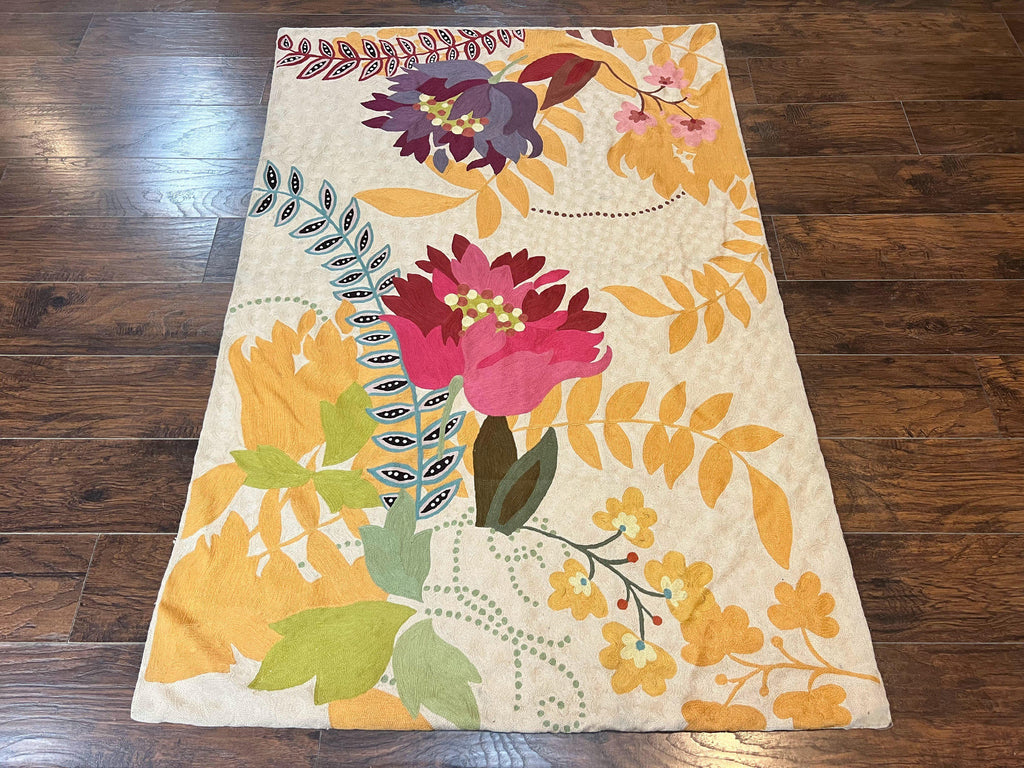 Indian Hand Stitched Rug 4x6, Floral, Silk, Large Floral Design