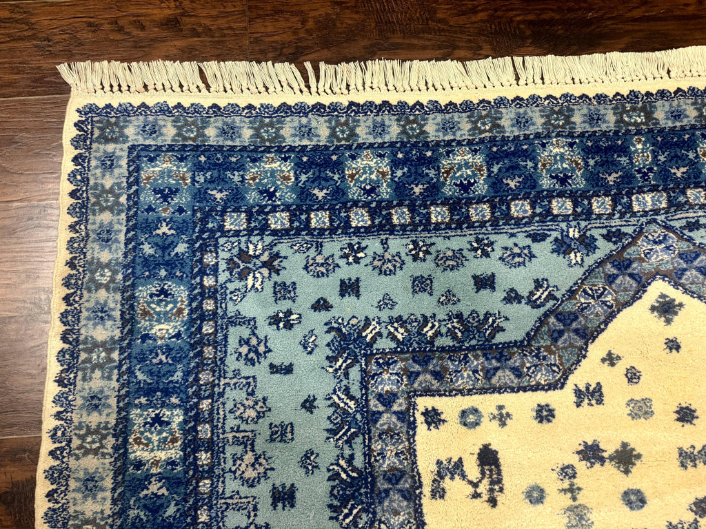 Moroccan Rug 7x10, Geometric Medallion, Blue and Ivory