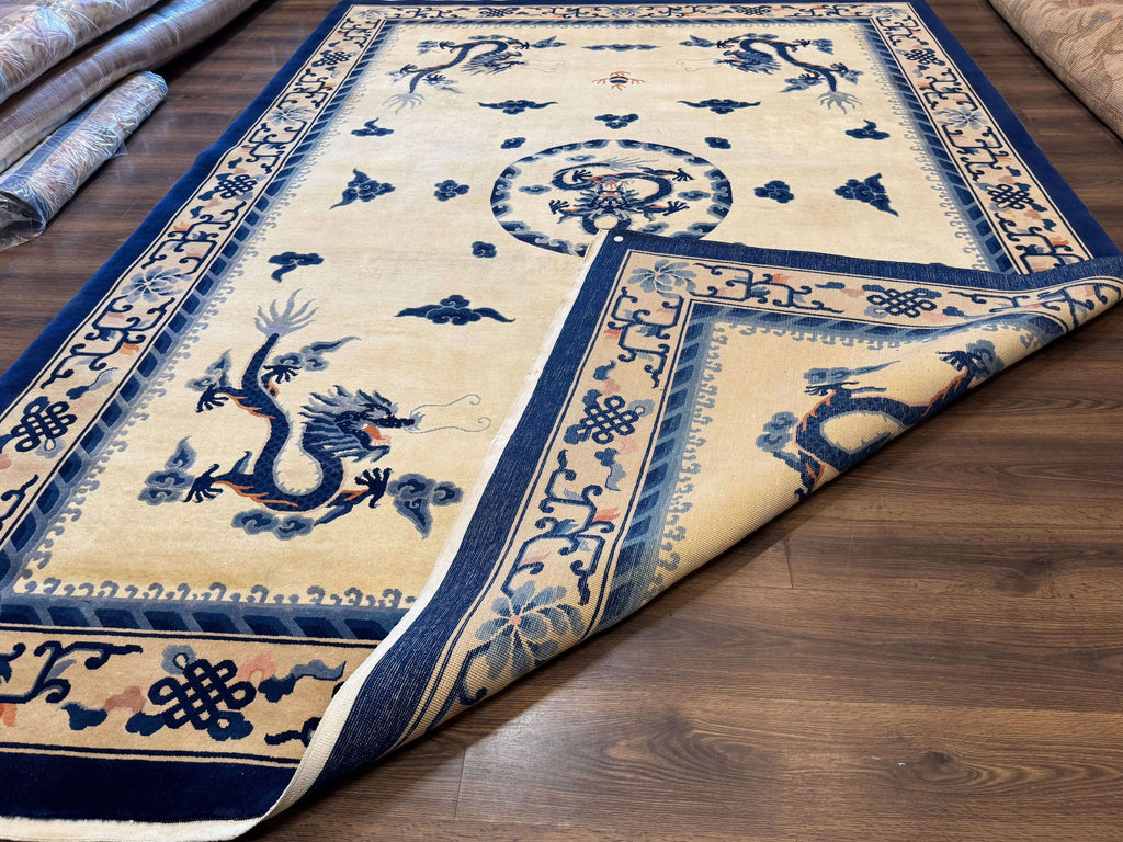 Chinese Dragon Peking Rug 8 x 11.6, Ivory and Blue, Chinese Wool Rug, Vintage