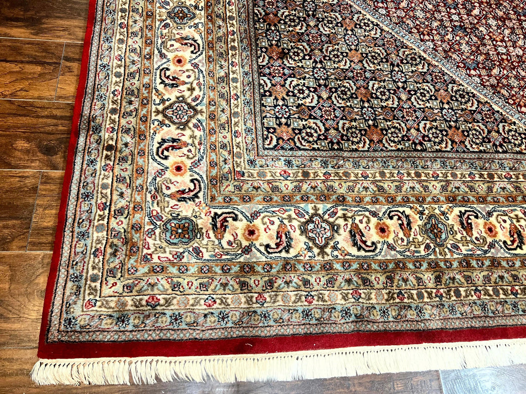 Square Indo Persian Bidjar Rug 10x10, Red, Handmade Vintage Wool Carpet