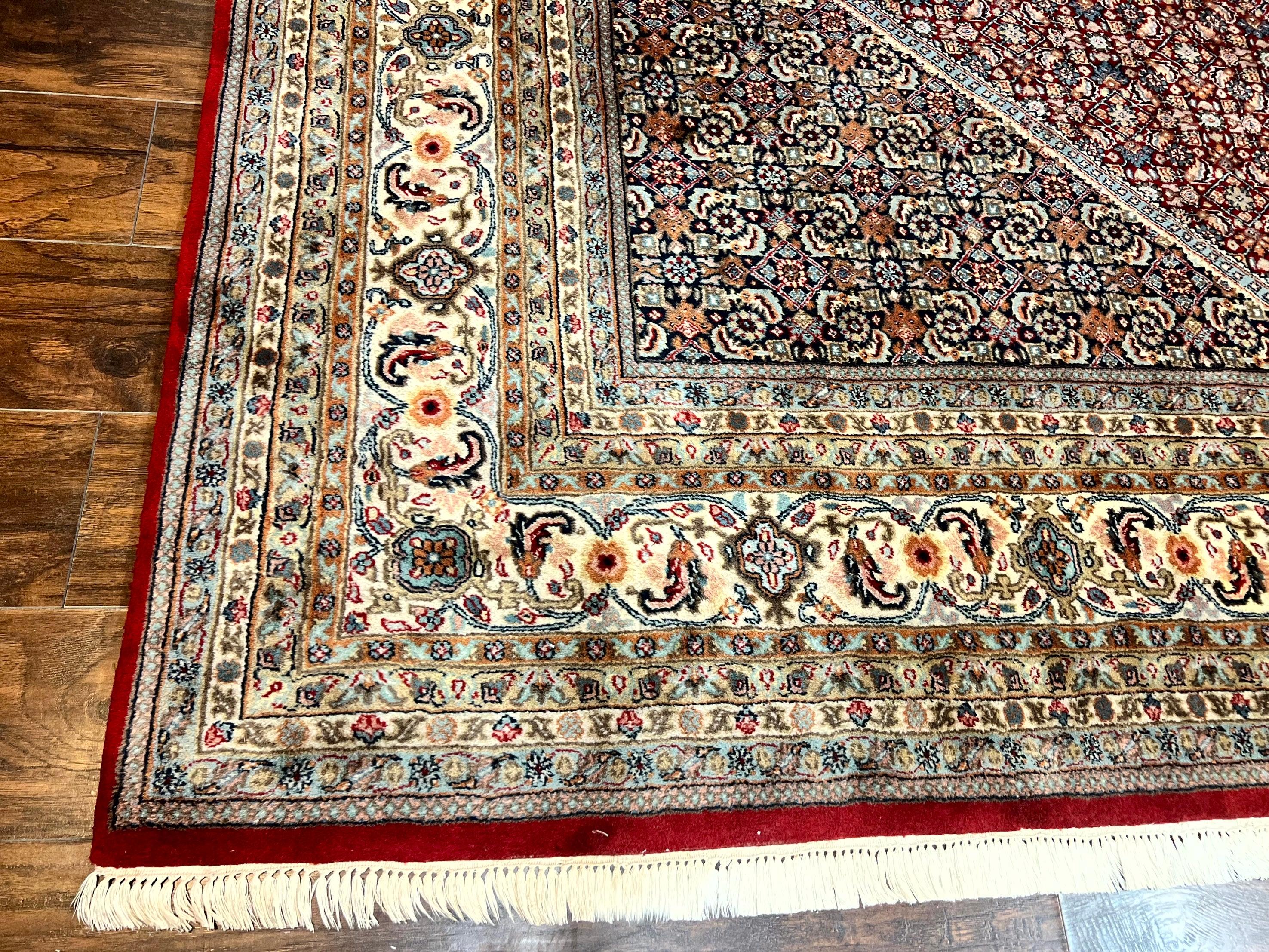 Square Indo Persian Bidjar Rug 10x10, Red, Handmade Vintage Wool Carpet