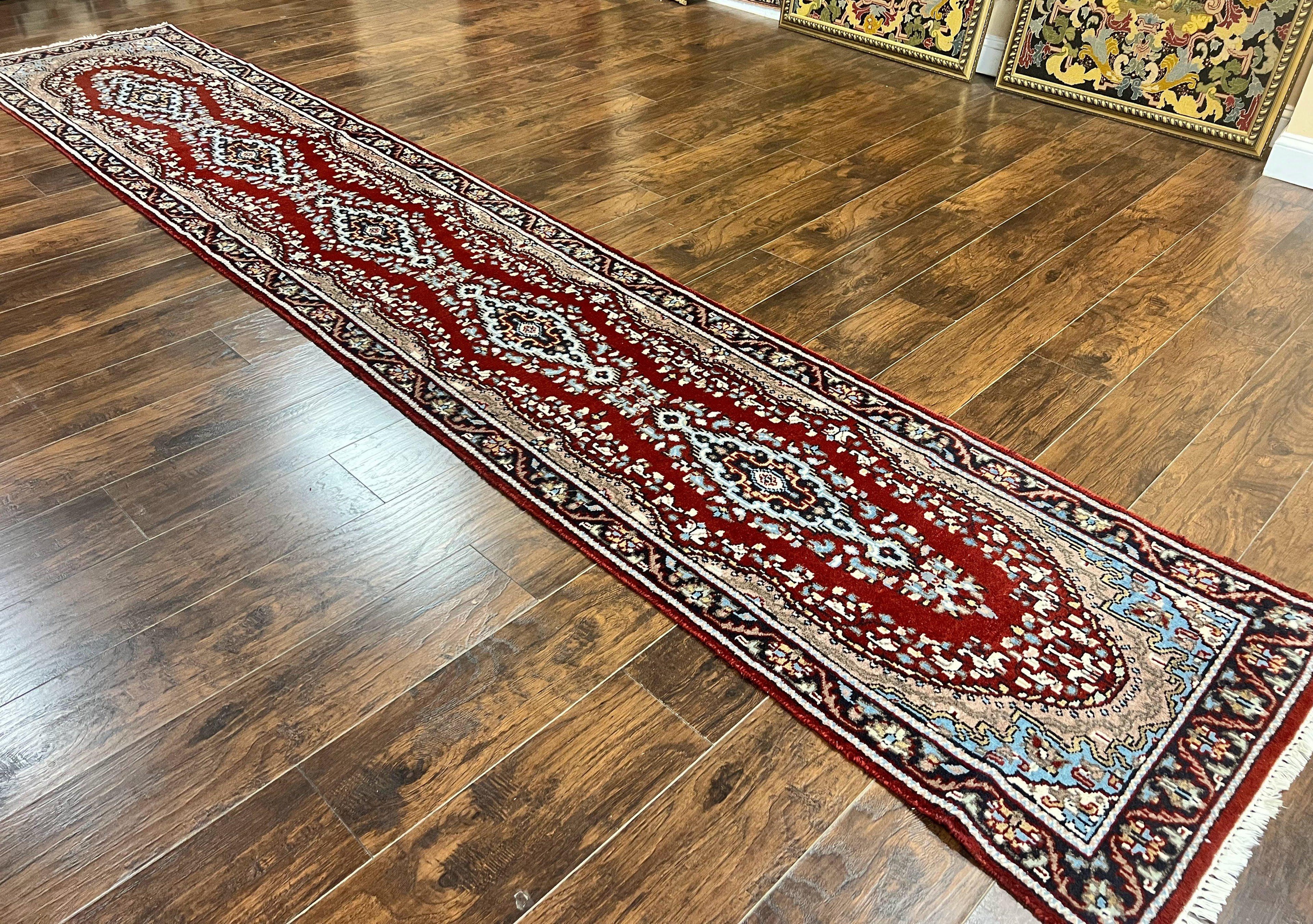 Indo Persian Runner Rug 2.8 x 14.8, Long Indo Kirman Hallway Rug, Red Floral Wool Vintage Handmade Oriental Runner