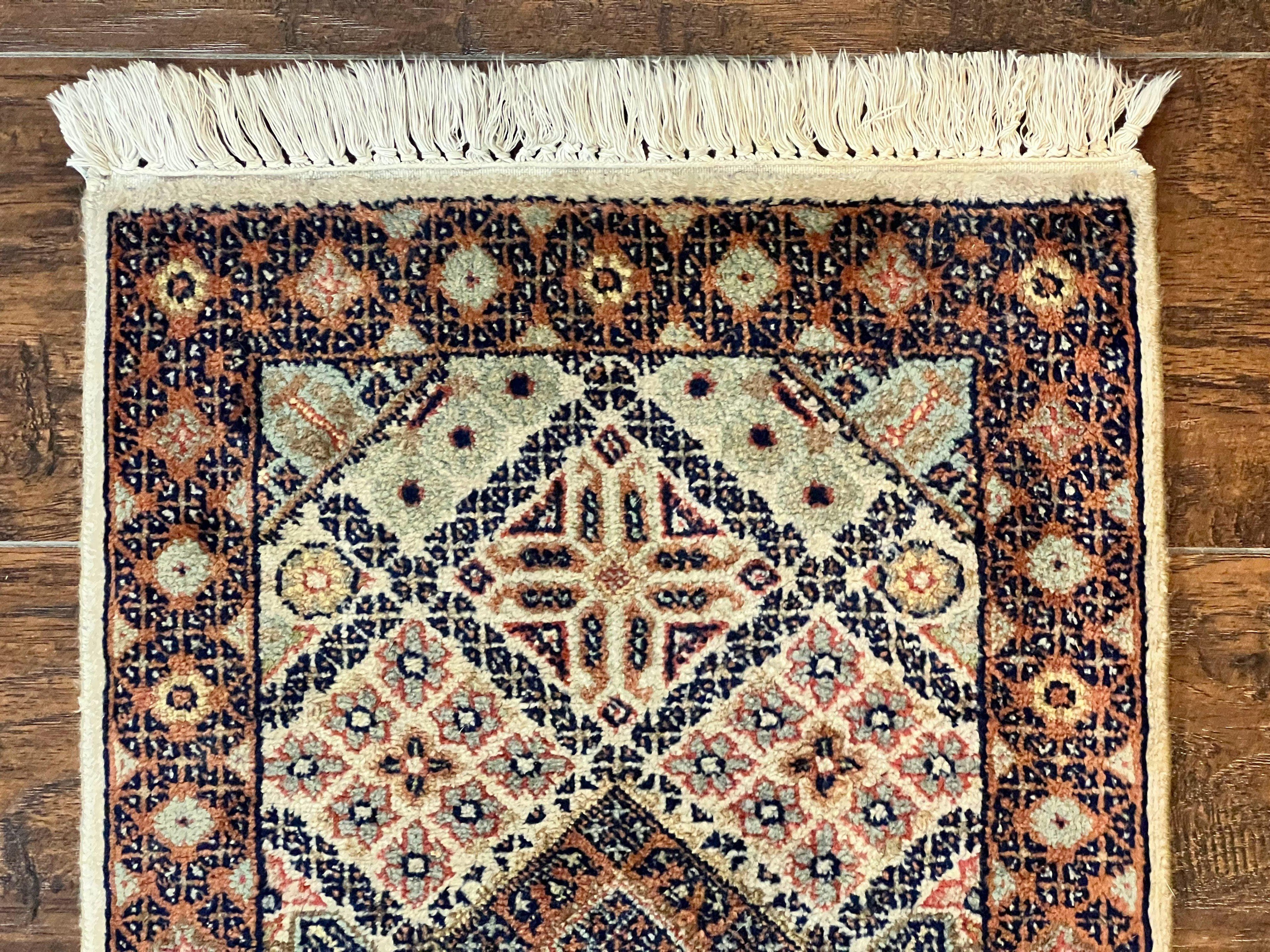 Small Indo Persian Rug 1.5 x 2, Hand Knotted Oriental Carpet, Wool Vintage Handmade, Cream Multicolor, Panel Design