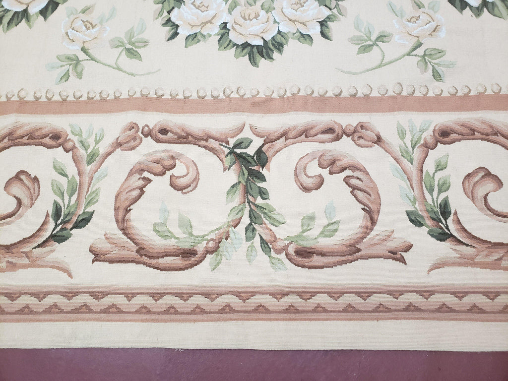 Elegant Aubusson Rug 10 x 14, Cream and Ivory Simple Aubusson Floral Carpet, Hand-Woven, European, New Aubusson Rug, Wool Area Rug, Violins