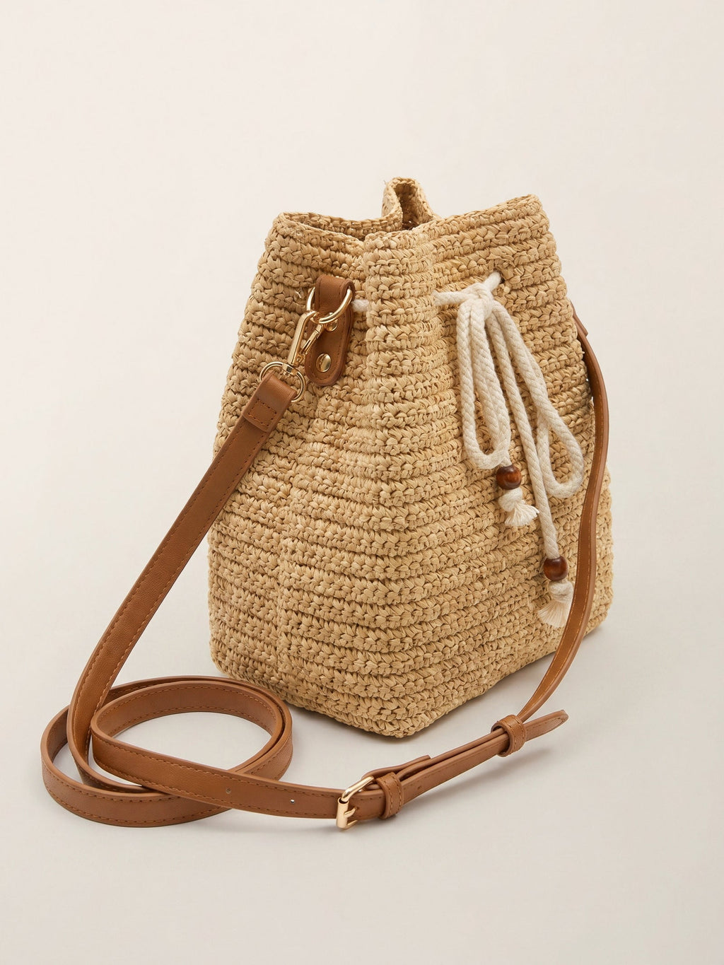 Mini Handwoven Raffia Drawstring Crossbody Bag