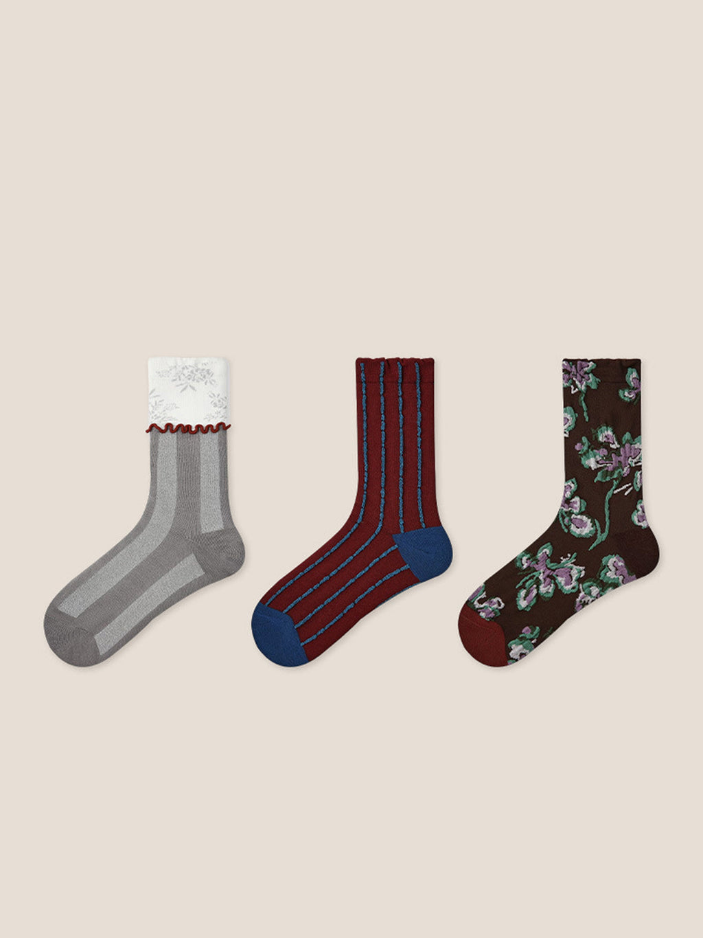 Long-Staple Cotton 3-Pair Floral Embossed Slouch Mid-Calf Sock Set