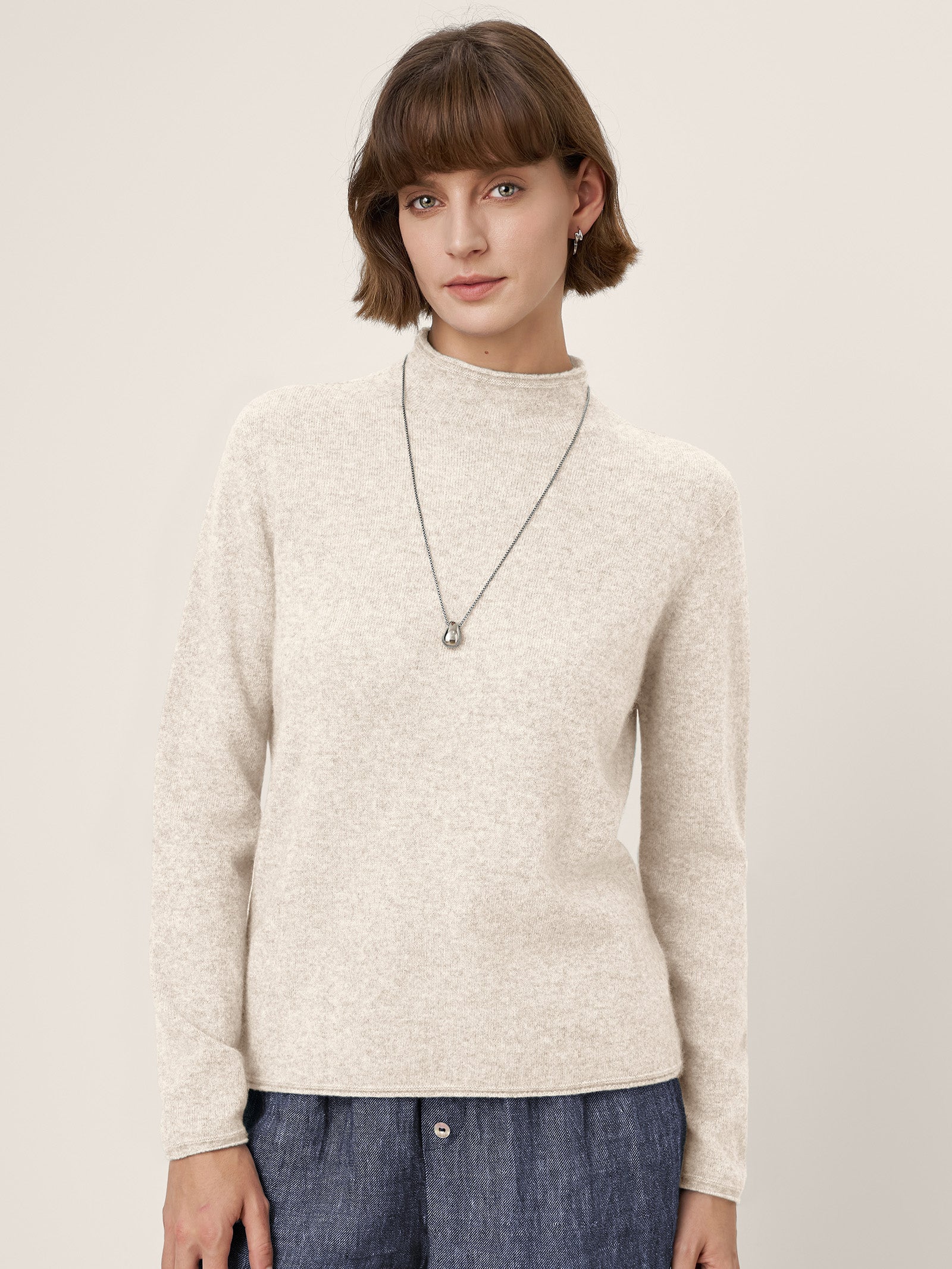 Premium Cashmere Blend Hand-Finished Seamless Mock Neck Lettuce Edge Sweater ZELIE