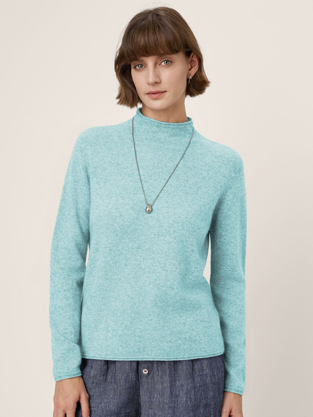 Premium Cashmere Blend Hand-Finished Seamless Mock Neck Lettuce Edge Sweater ZELIE