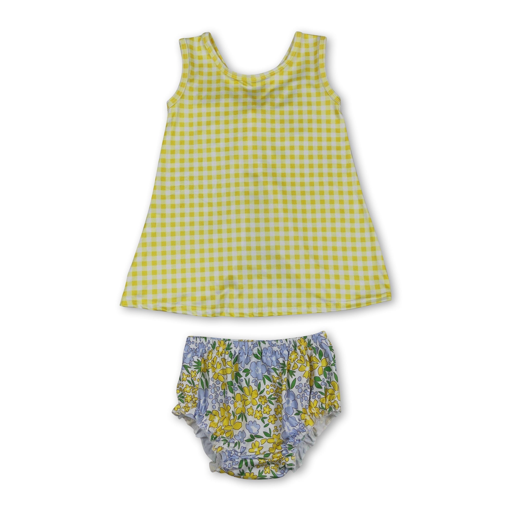 Sleeveless yellow plaid top floral bummies baby girls set
