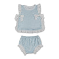 Ruffle bow light blue plaid baby girls summer bummies set