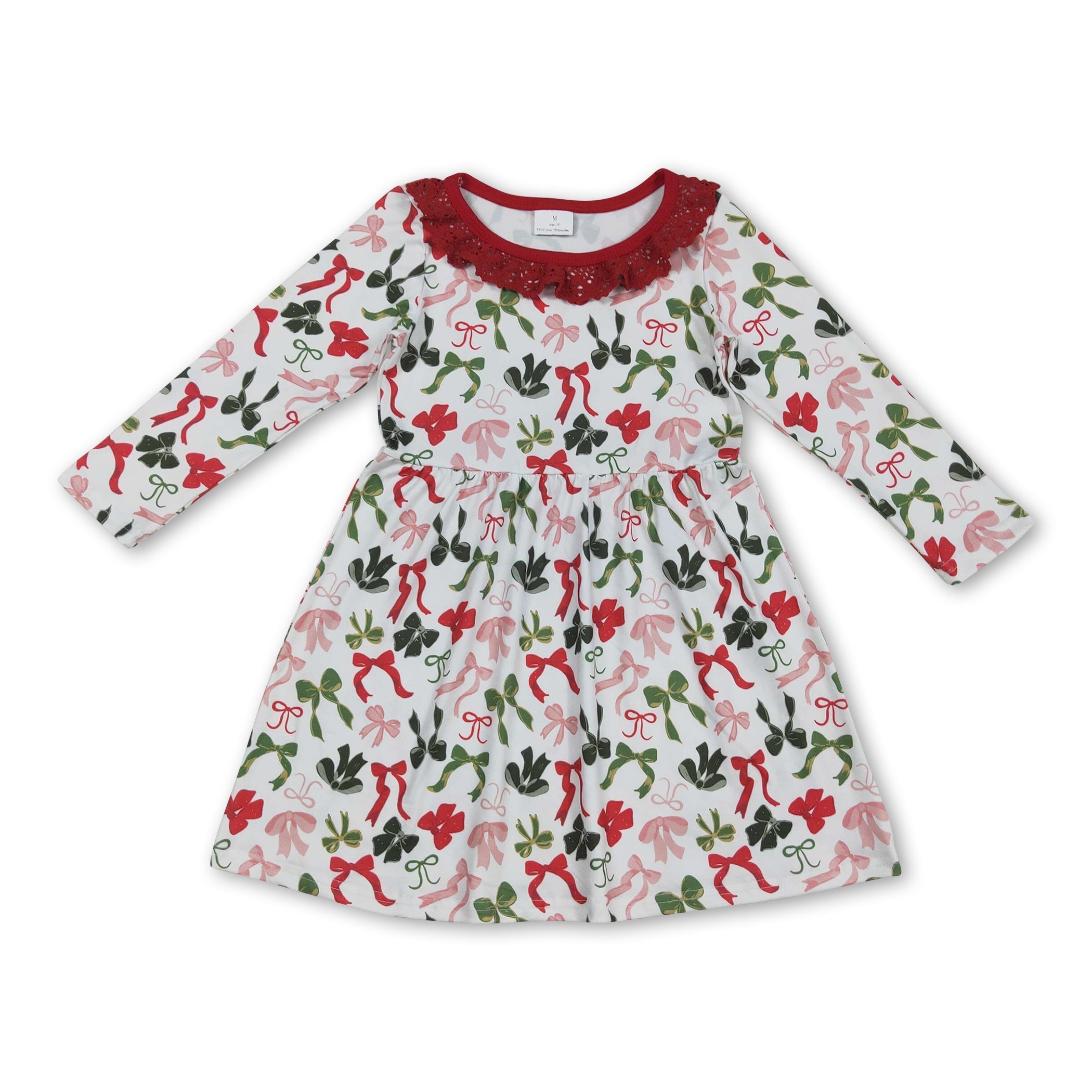 Long sleeves red green bow ruffle girls Christmas dresses
