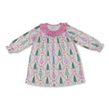 Pink ruffle long sleeves Christmas trees bow girls dress