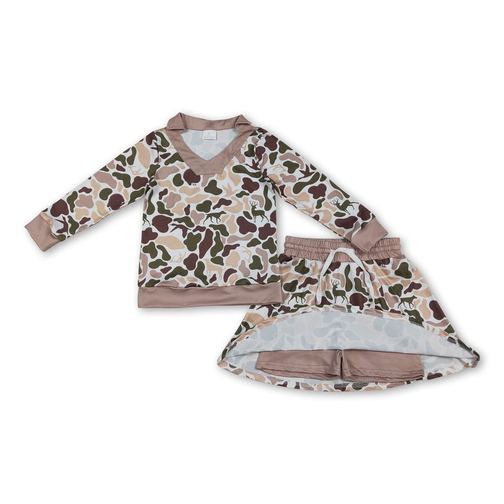 Long sleeves hunting camo top skirt girls clothing set