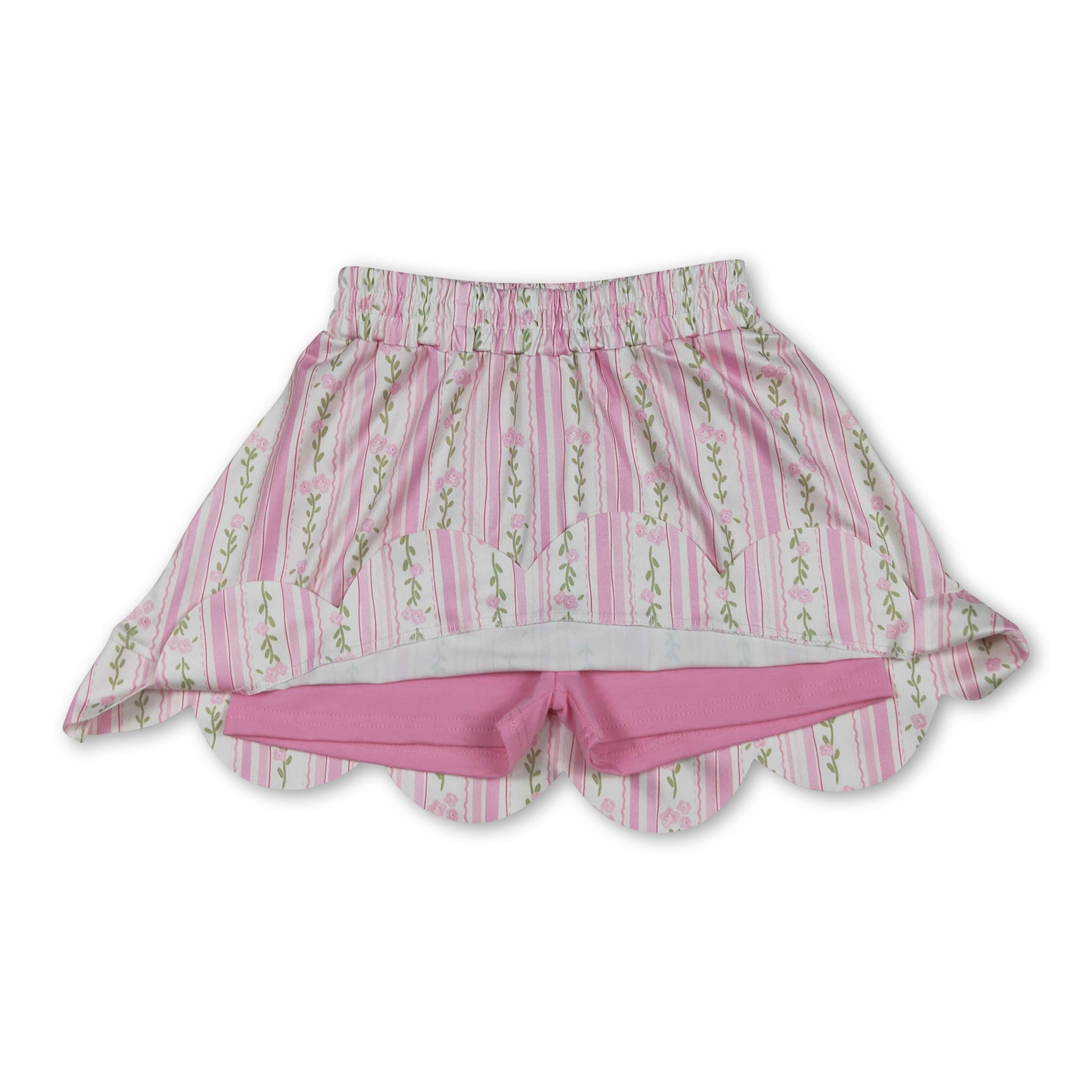 Pink floral elastic waist scallop kids girls skirts