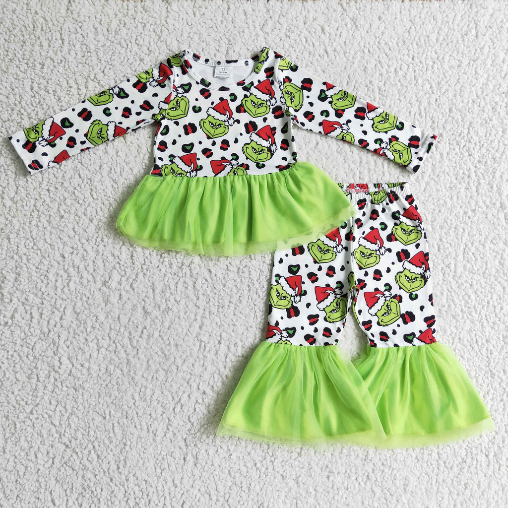 Green face leopard tulle kids girls Christmas clothing set