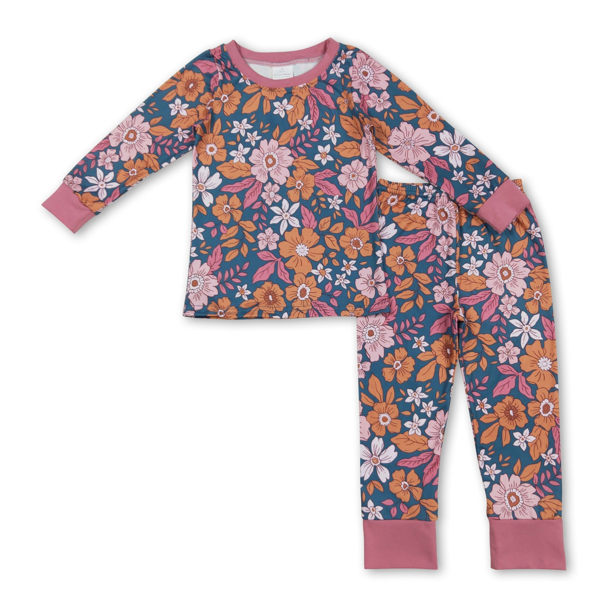Long sleeves floral kids girls fall pajamas