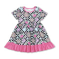 Short sleeves plaid smile flower baby girls dresses