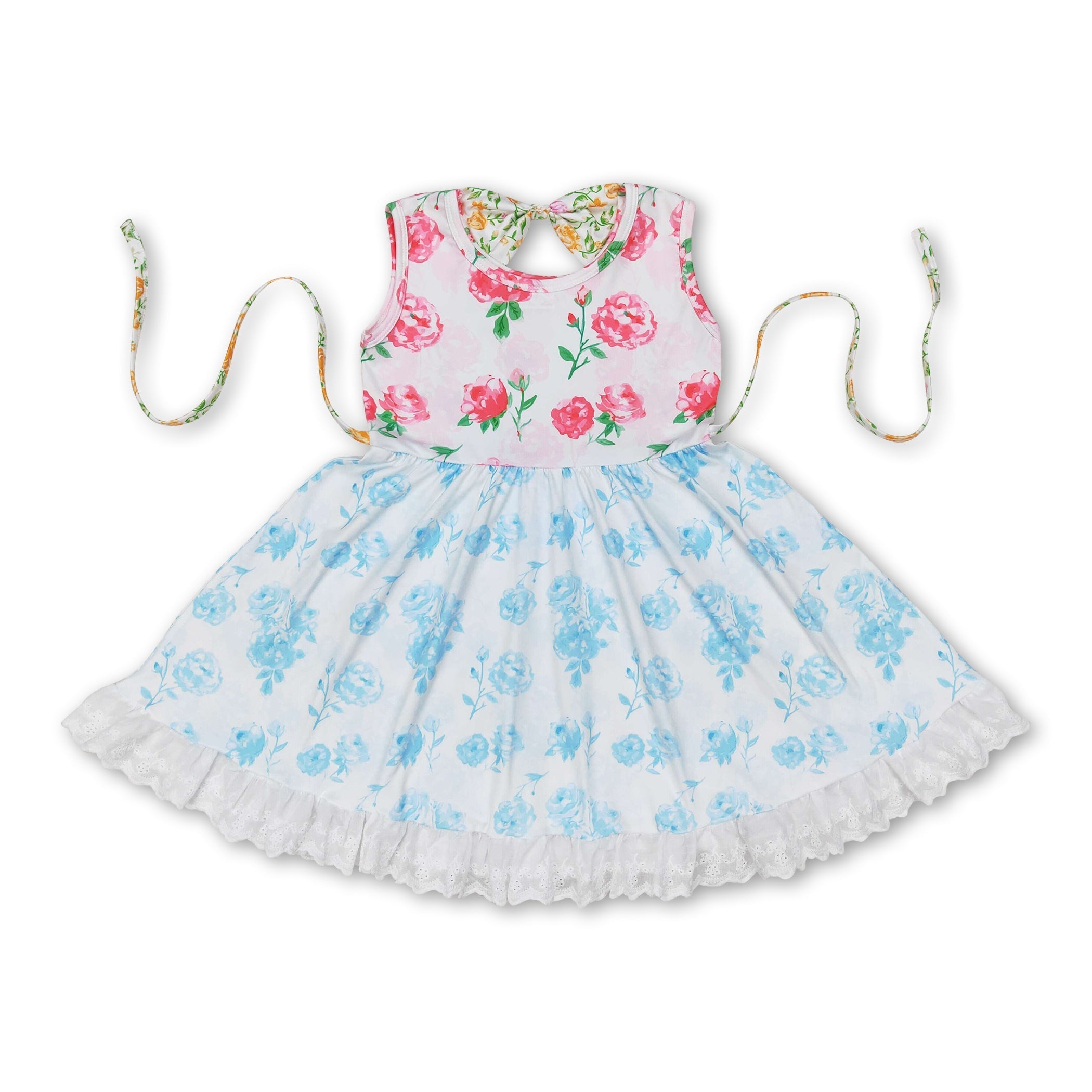 Sleeveless blue pink floral girls dresses