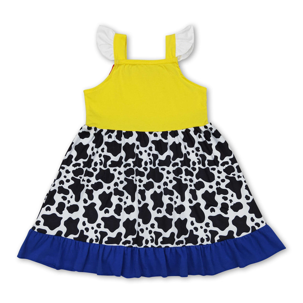 Yellow cow print flutter sleeves ruffle baby girls dress