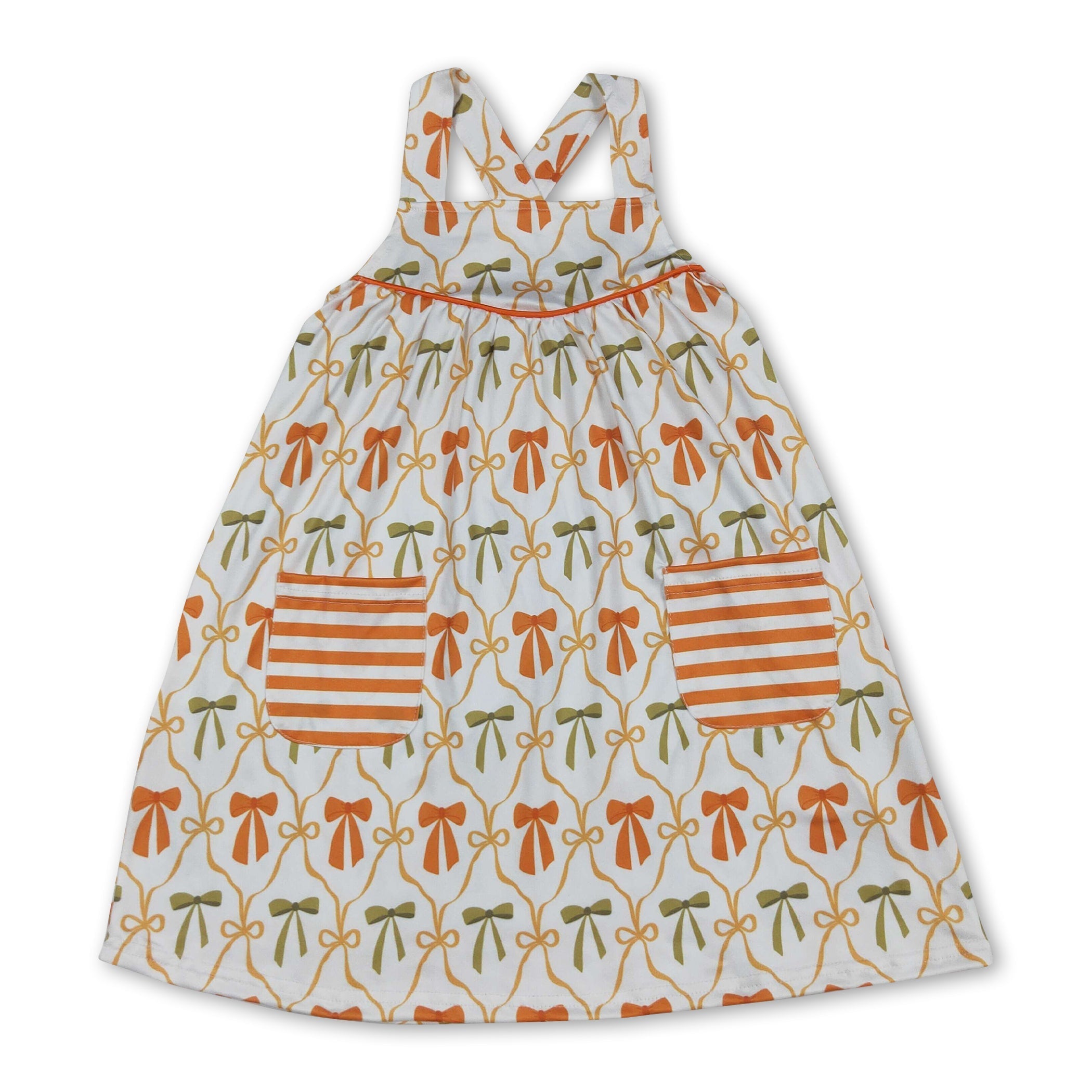 Straps orange bows stripe pockets girls fall dresses