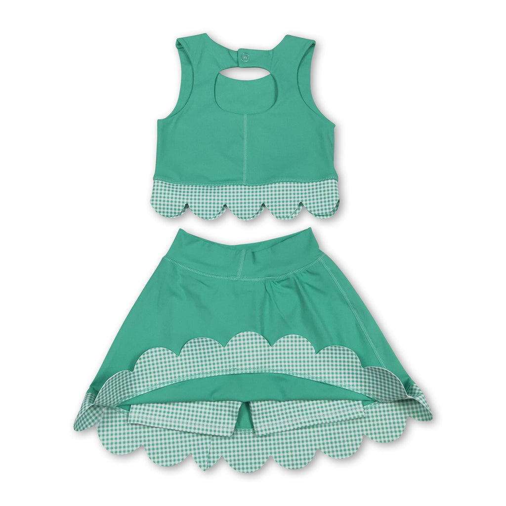 Sleeveless green crop top plaid bow skirt kids girls active set