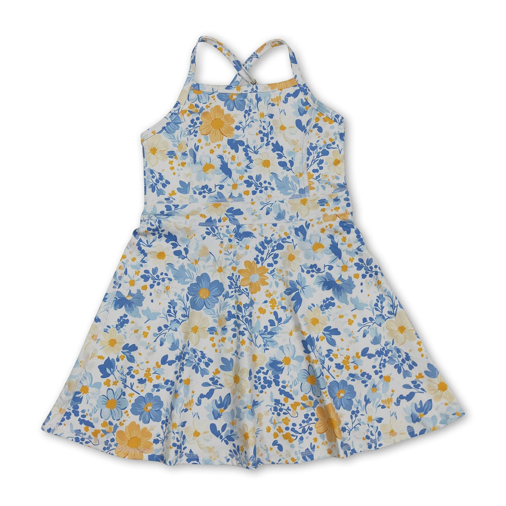 Straps blue yellow floral kids girls athletic dresses