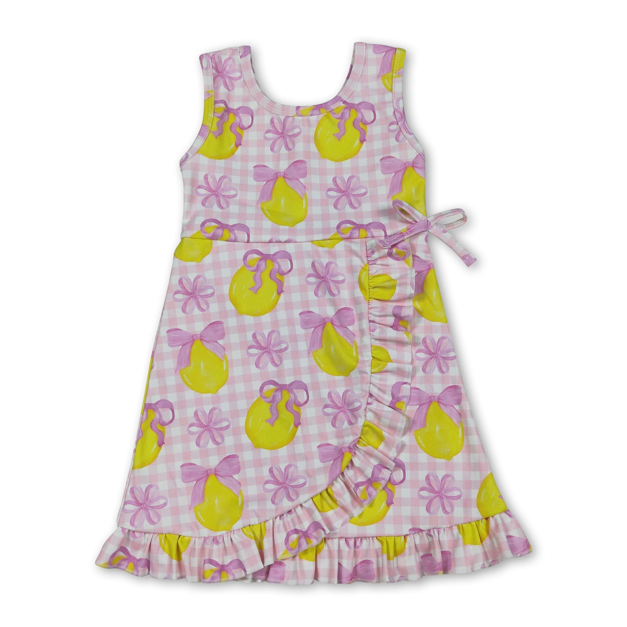 Sleeveless pink plaid bow lemon girls summer athletic dress