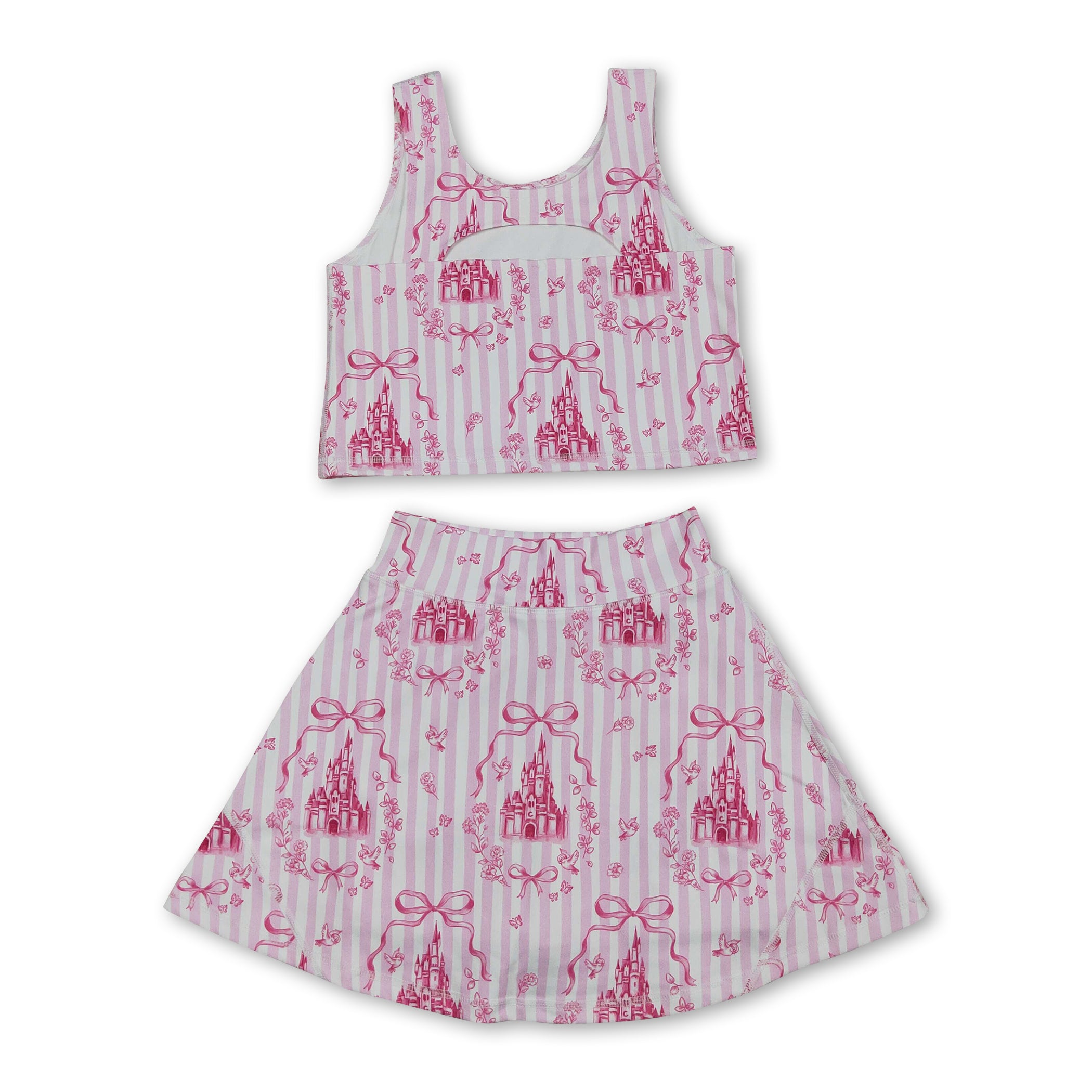 Pink stripe castle crop top bow skirt girls summer active set