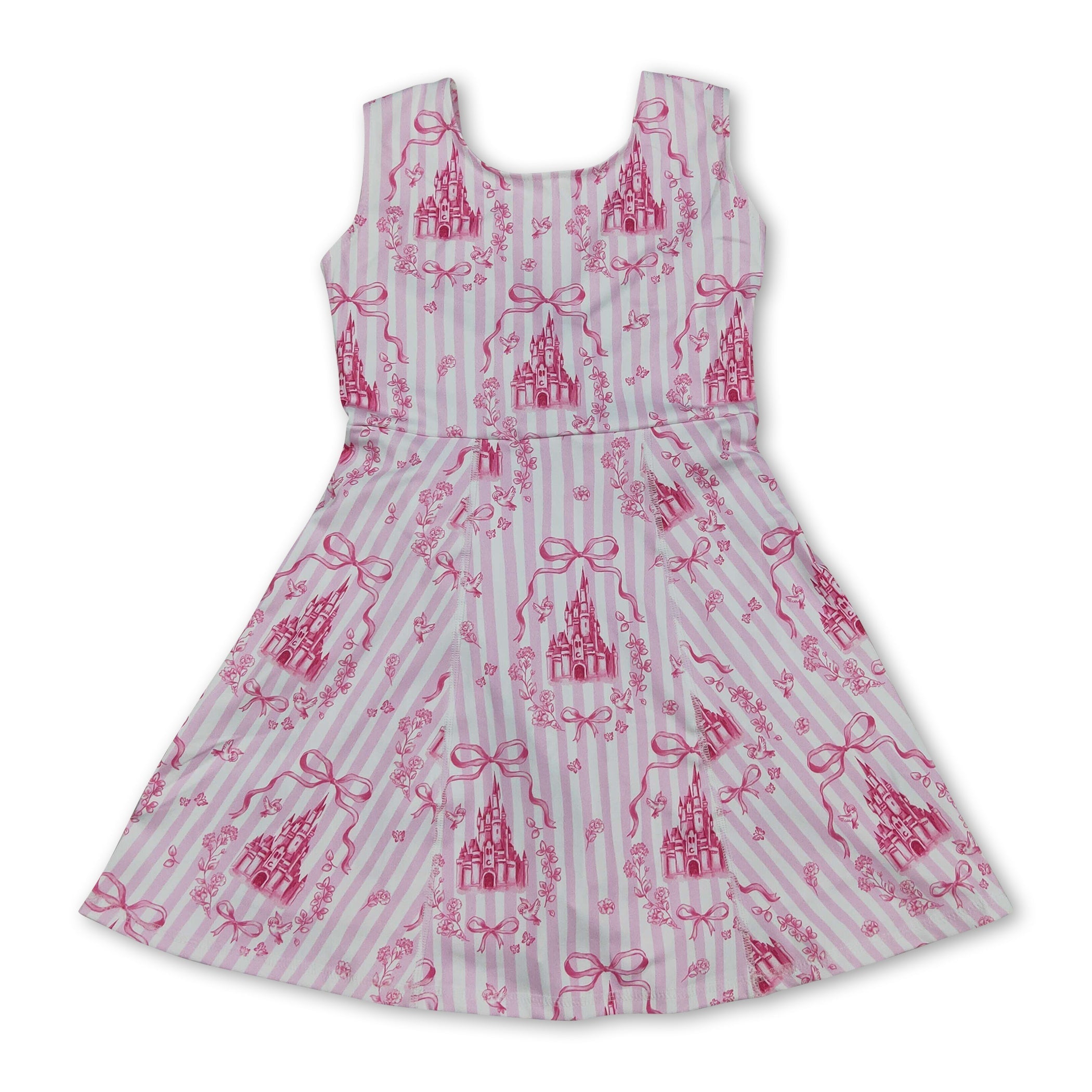 Pink sleeveless stripe bow castle girls athletic dresses