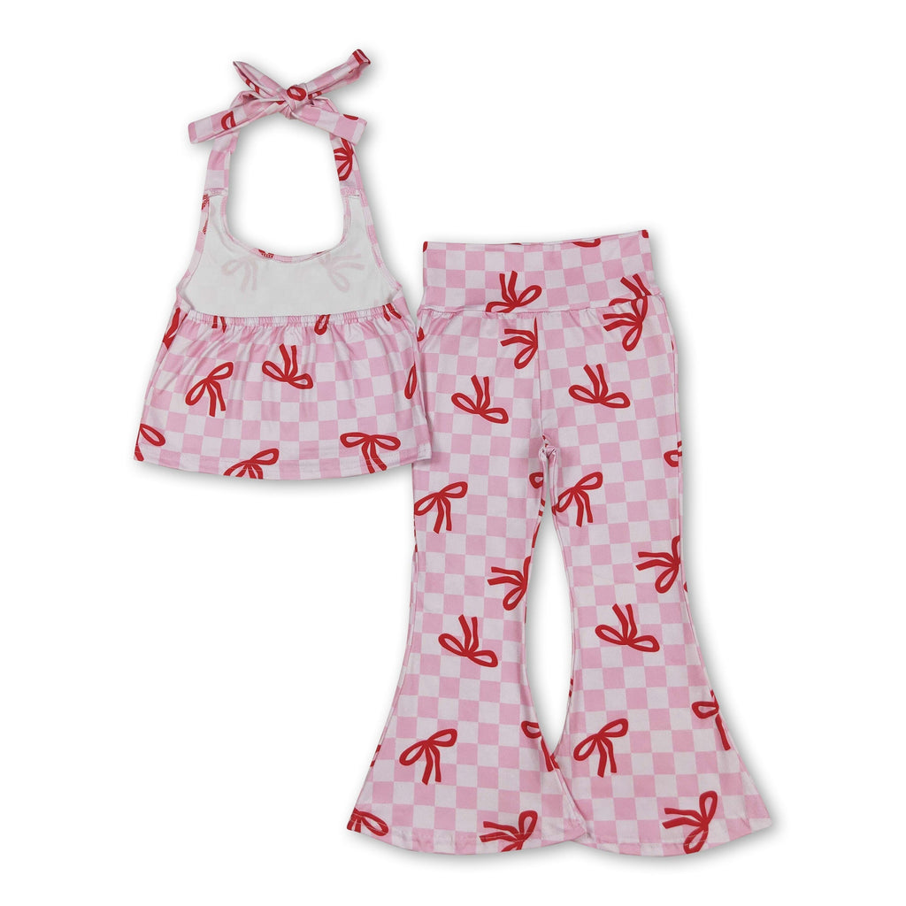 Pink plaid bow halter top bell bottom pants girls clothes