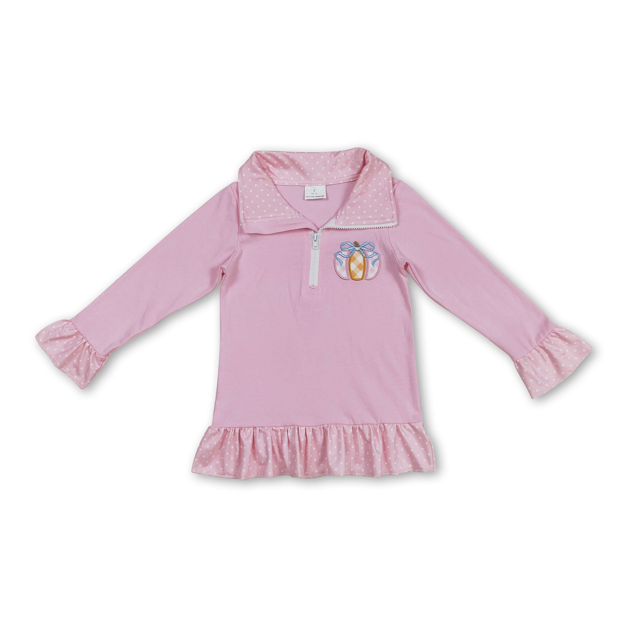 Pink polka dots pumpkin bow ruffle kids girls zip pullover