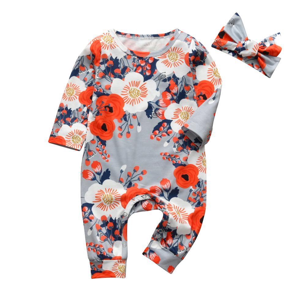 Newborn Clothes Baby Girls Romper Hearts Print Cotton Long Sleeve Jumpsuit and Headband Set
