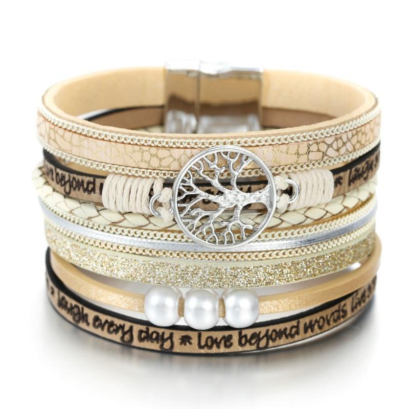 High Quality Handmade Elegant Fashion Luxury Modern New Amazing Charm Pearl Life of tree Leather Bracelets For Women