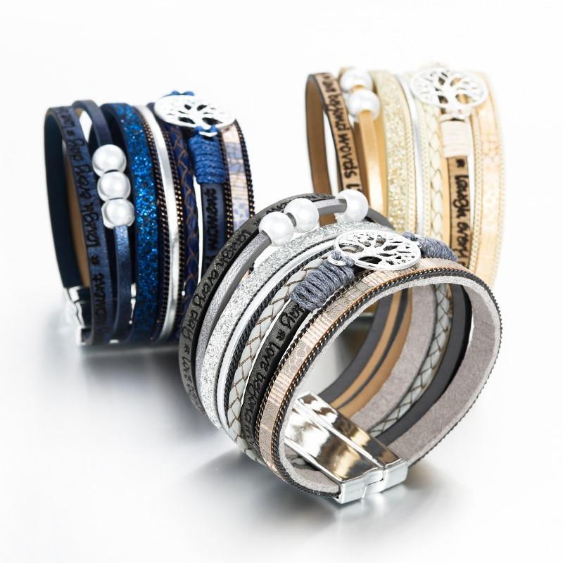 High Quality Handmade Elegant Fashion Luxury Modern New Amazing Charm Pearl Life of tree Leather Bracelets For Women
