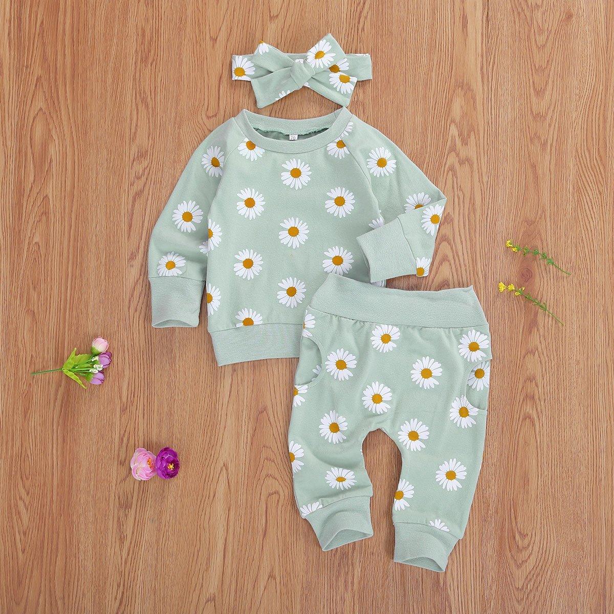 Newborn Baby Girl Two Pieces Set Long Sleeve Top Pant Headband Clothing Sets Perfect Gift For Kids