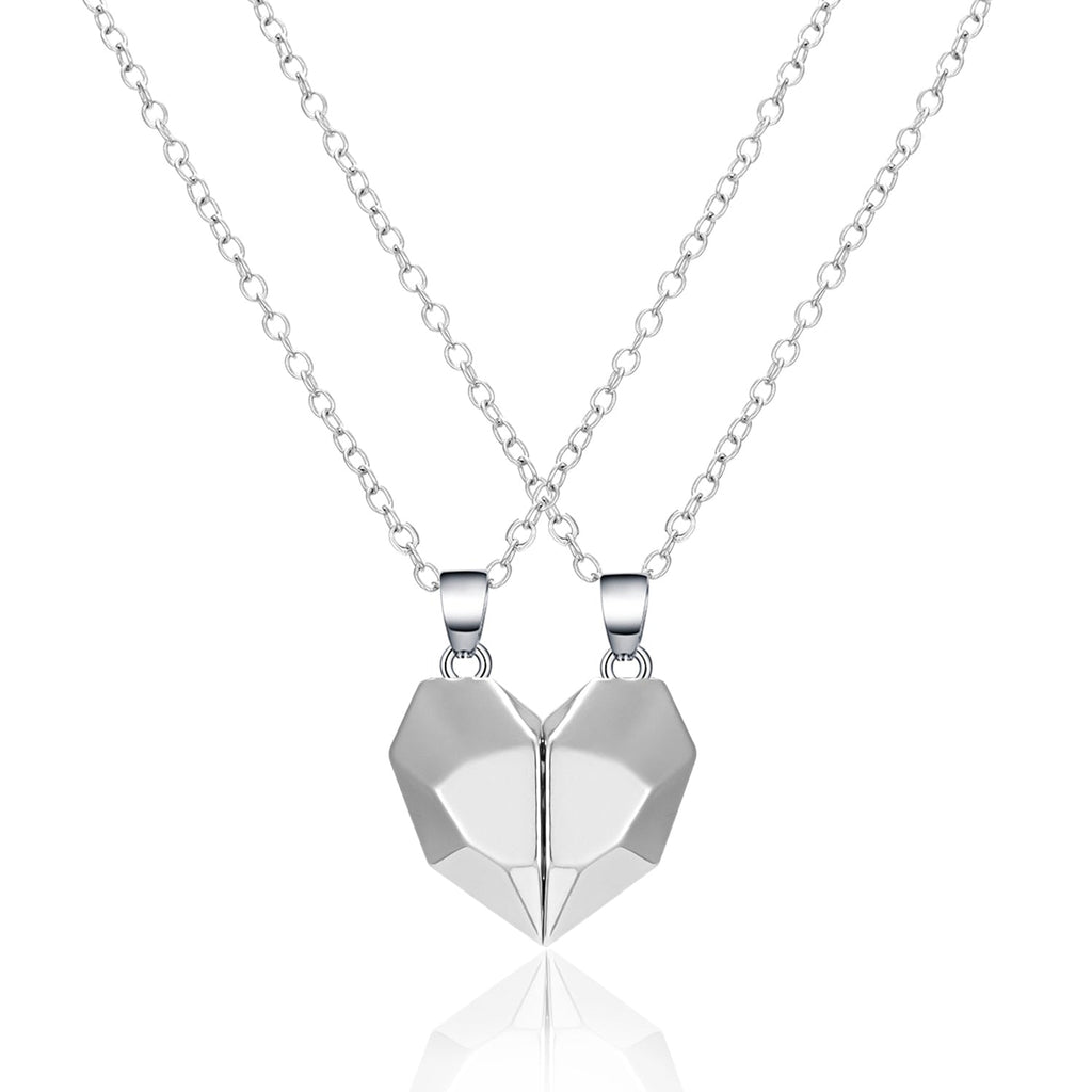 2Pcs Punk Heart Pendant Couple Necklace Lover Distance Faceted Magnetic Necklace