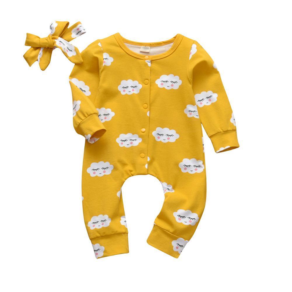 Newborn Clothes Baby Girls Romper Hearts Print Cotton Long Sleeve Jumpsuit and Headband Set