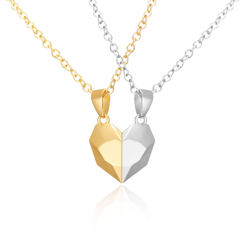 2Pcs Punk Heart Pendant Couple Necklace Lover Distance Faceted Magnetic Necklace