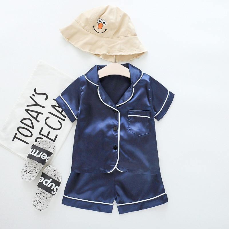 Luxury Modern Children's Pajamas Set Baby Suit Toddler Boys and Girls Ice Silk Satin Cartoon Printing Tops Pants Set Home Wear pajams for Kids