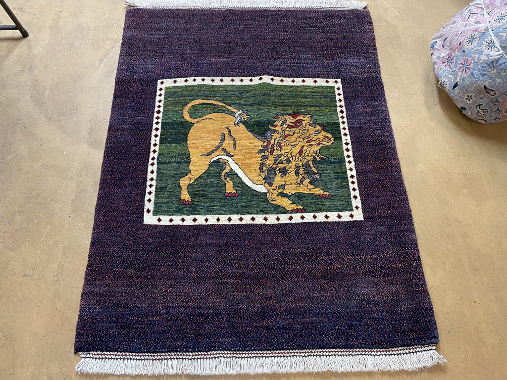 3 X 5 Handmade Rug Zagros Mountain Wool Tribal Rug Lion Purple Green Pictorial