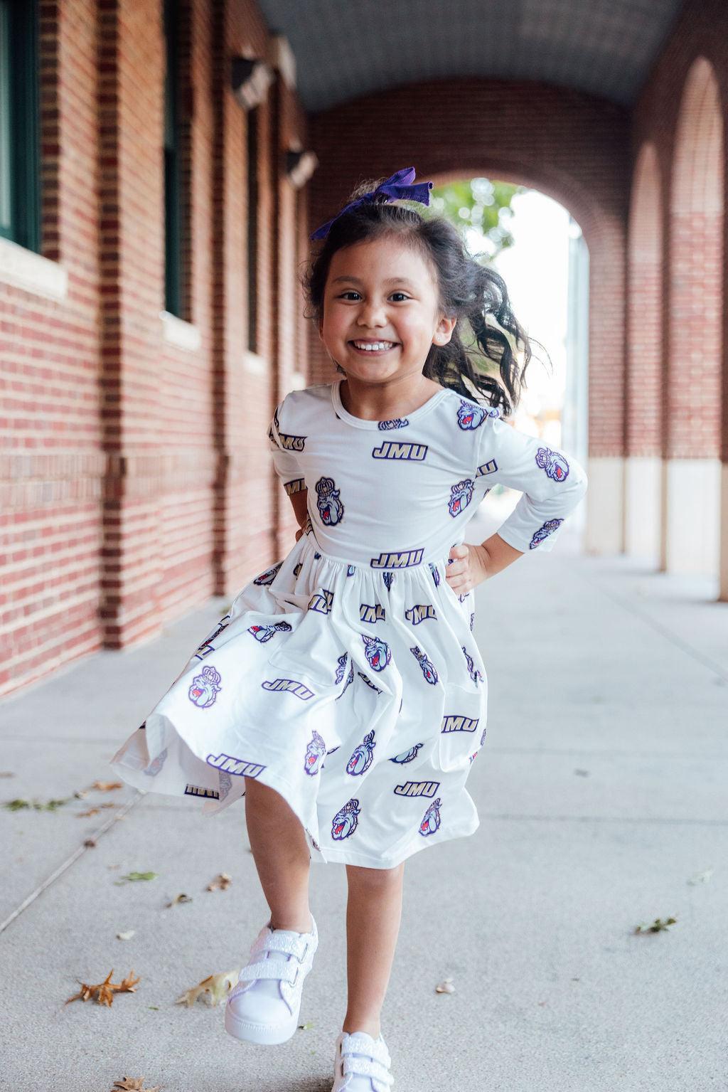 JMU White Duke Dog 3/4 Sleeve Pocket Twirl Dress