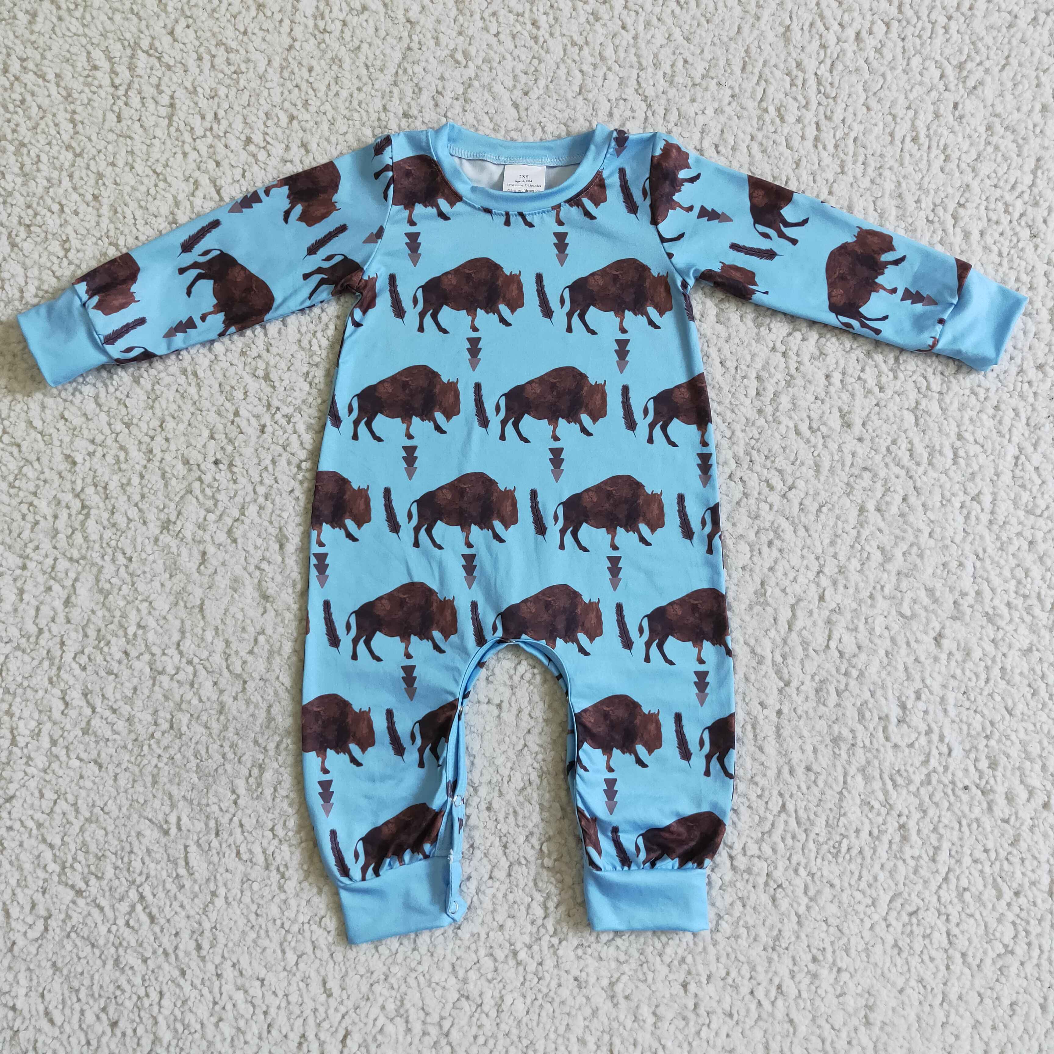 Blue cows long sleeve brown kids boy romper